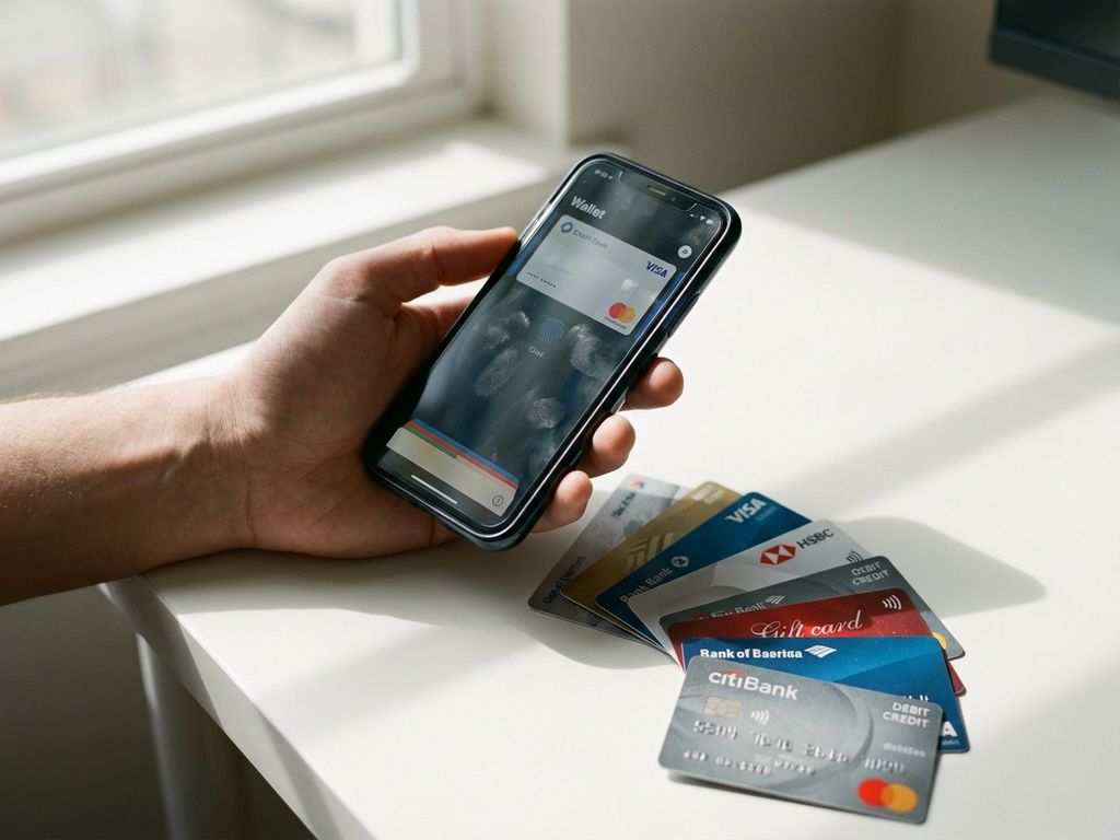 Hand hält schwarzes Smartphone mit Digital Wallet App über aufgefächerten Kreditkarten auf weißem Schreibtisch