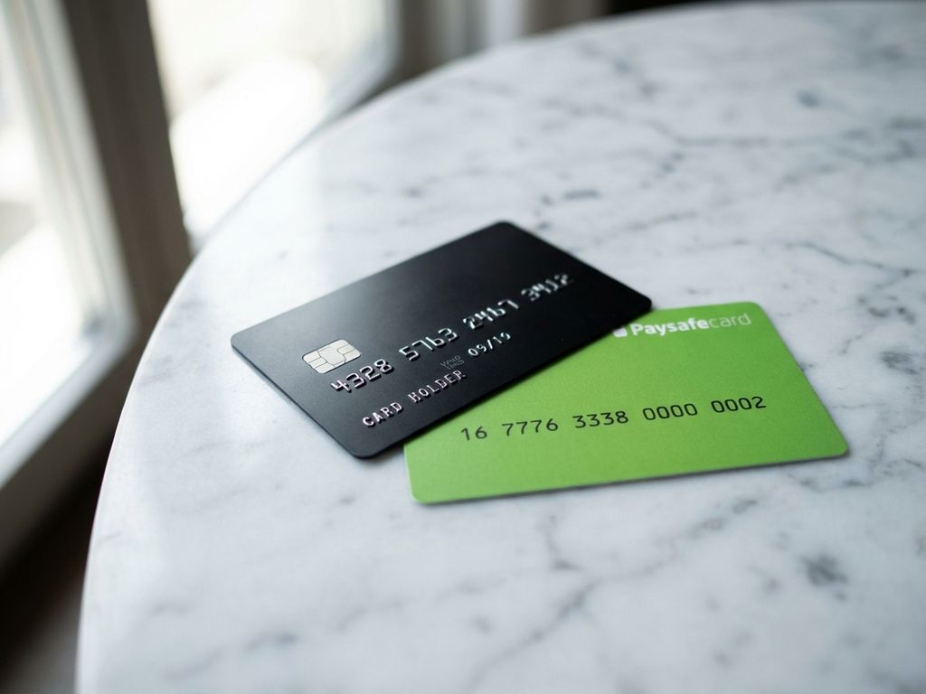 Schwarze Kreditkarte und grüne Paysafecard-Guthabenkarte auf weißer Marmoroberfläche mit natürlichem Licht