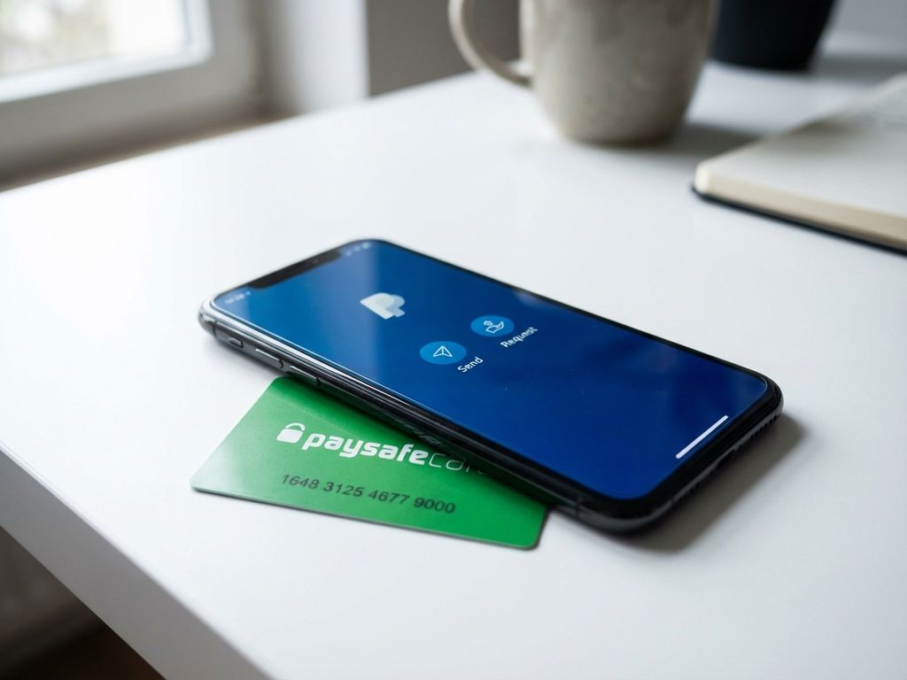 Smartphone mit PayPal-App auf grüner Paysafecard auf weißem Schreibtisch mit natürlichem Licht