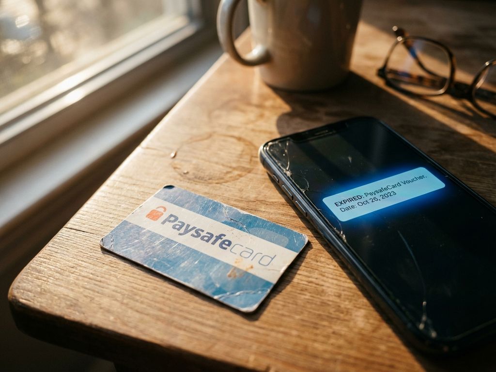 Abgenutzte PaysafeCard auf Holzschreibtisch neben Smartphone mit Ablaufdatum-Benachrichtigung im Tageslicht