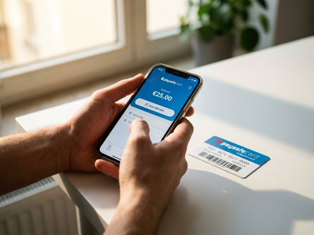 Hände halten Smartphone mit Paysafecard App neben physischer Paysafecard auf weißem Schreibtisch
