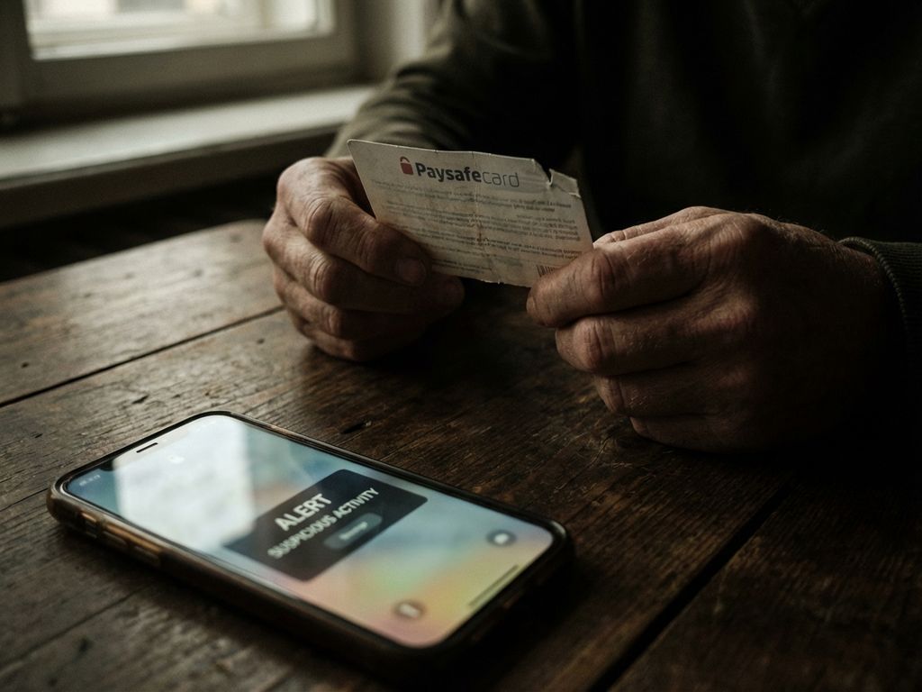 Person hält zerknitterte PaysafeCard mit besorgtem Ausdruck, Smartphone mit verdächtiger Nachricht auf dunklem Holztisch