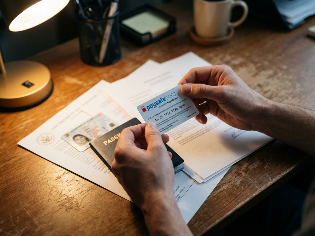 Person hält PaysafeCard über Ausweis und Reisepass auf Holzschreibtisch unter Schreibtischlampe