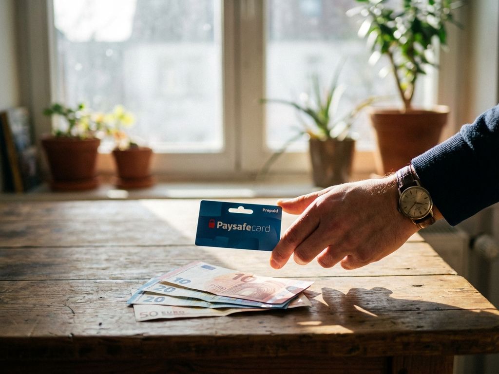 Hand hält blauen PaysafeCard Gutschein über Stapel Euro-Banknoten auf Holztisch mit natürlichem Licht