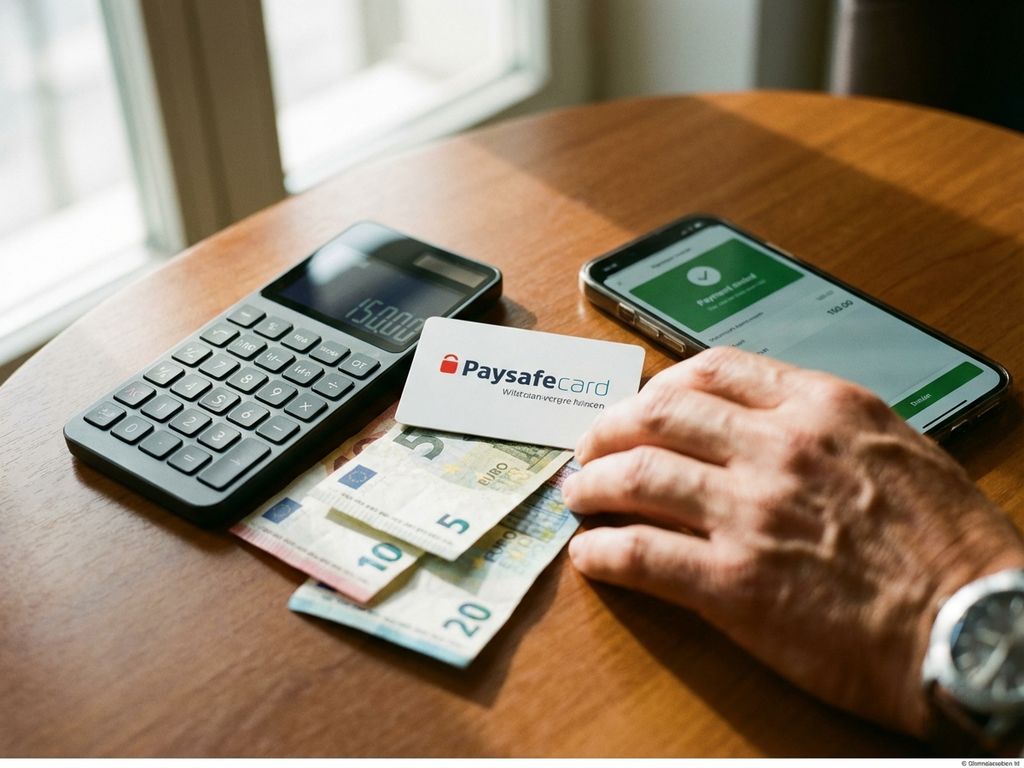PaysafeCard auf Holzschreibtisch mit Taschenrechner, Euro-Banknoten und Smartphone mit Zahlungsschnittstelle