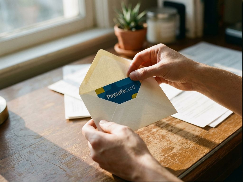 Hände stecken blaue und gelbe PaysafeCard in weißen Geschenkumschlag auf Holztisch bei natürlichem Licht