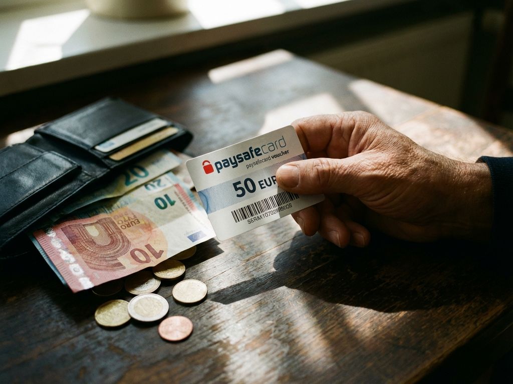 Person hält PaysafeCard-Gutschein über umgestürzter Geldbörse mit verstreuten Euro-Scheinen und Münzen auf dunklem Holztisch