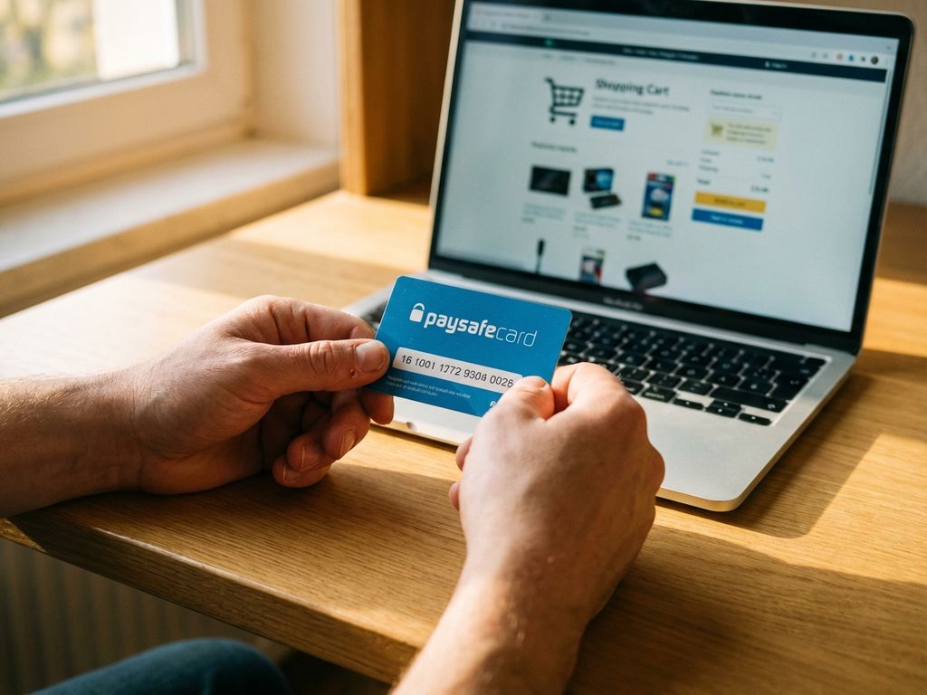 Hände halten blauen PaysafeCard Gutschein am Holzschreibtisch mit Laptop im Hintergrund für Online-Shopping