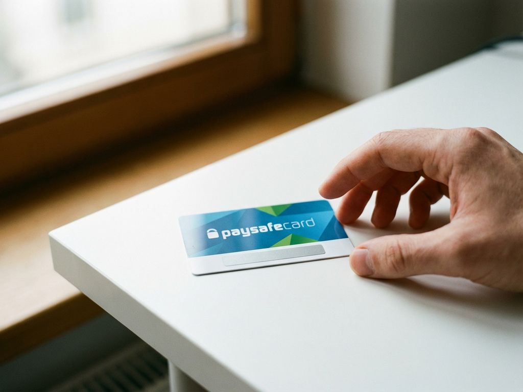 PaysafeCard Prepaid-Gutschein mit blau-grünem Design auf weißem Schreibtisch, Hand greift nach der Karte