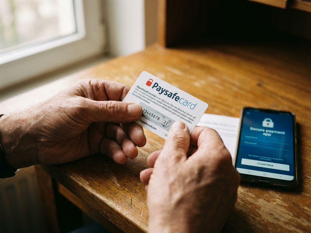 Hände halten PaysafeCard mit silbernem Rubbelfeld, Smartphone mit Zahlungsinterface auf Holztisch daneben