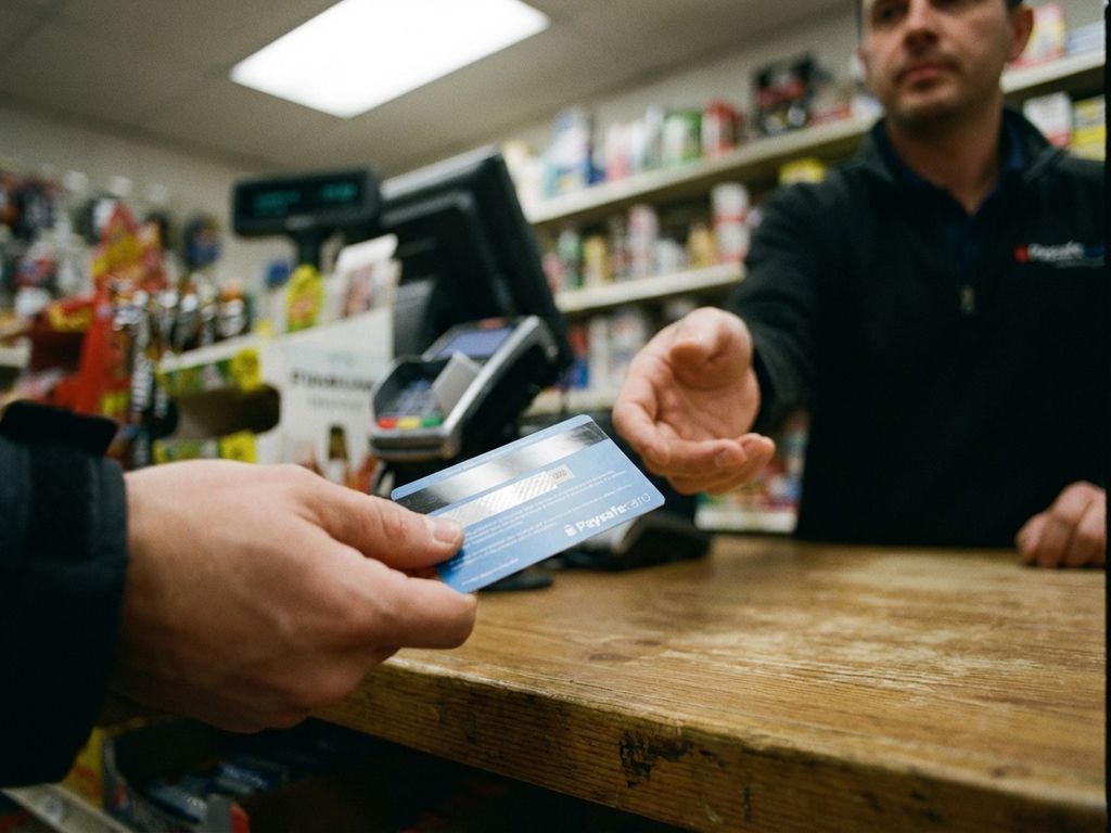 Person reicht blauen PaysafeCard Gutschein an Kassierer über Ladentheke, Prepaid-Karte mit Sicherheitsstreifen im Fokus