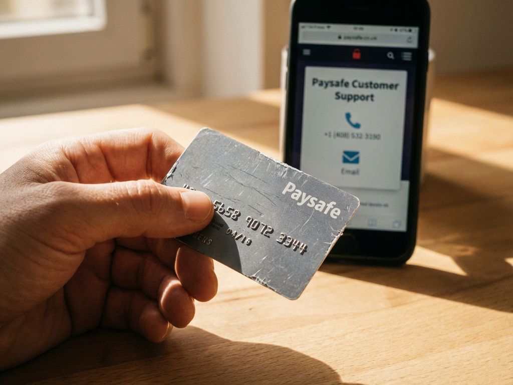 Person hält beschädigte graue Paysafecard an Holzschreibtisch mit Smartphone für Kundendienst-Kontakt