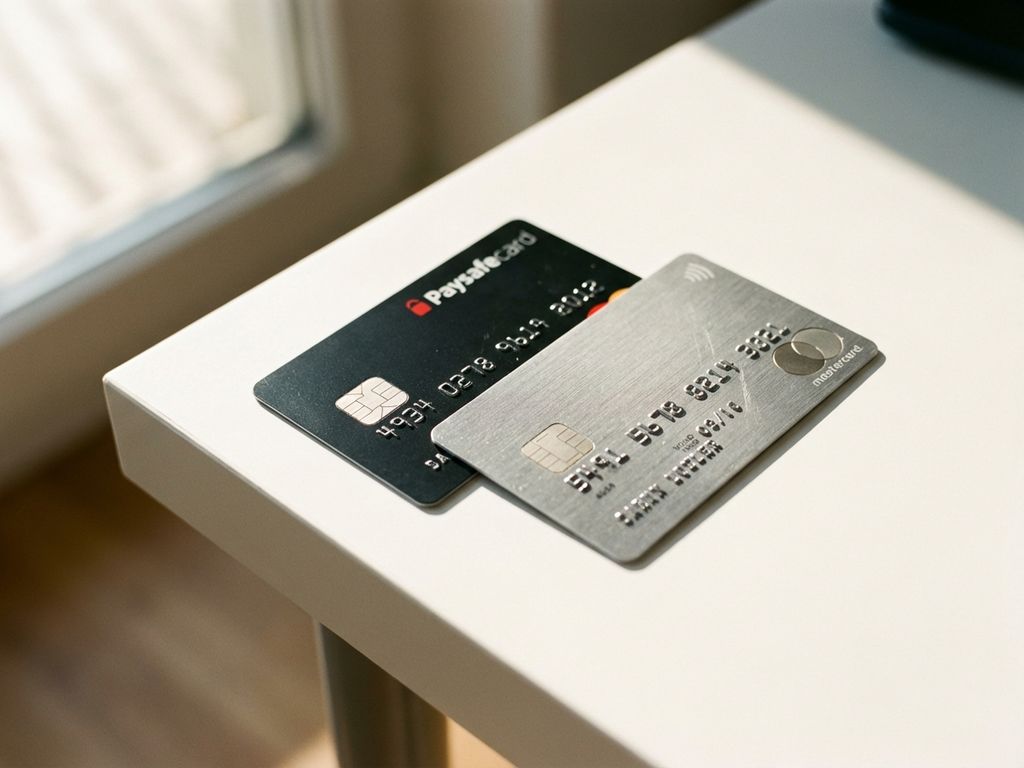 Schwarze PaysafeCard liegt auf silberner Mastercard Kreditkarte auf weißem Schreibtisch, beide Karten überlappend