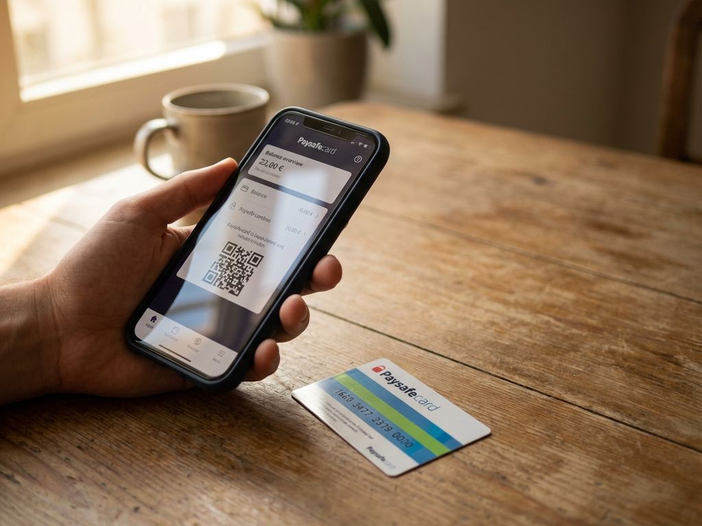 Hand hält Smartphone mit PaysafeCard App neben physischer PaysafeCard auf Holztisch bei natürlichem Licht