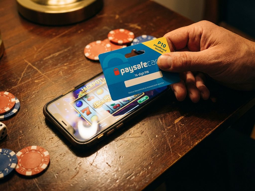 Hand hält Paysafecard über Smartphone mit Online-Casino-App, umgeben von Pokerchips und Würfeln auf Holztisch