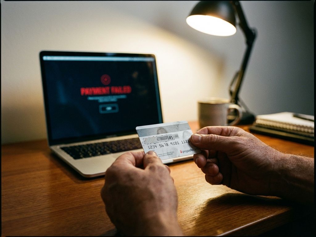Person hält frustriert eine PaysafeCard mit freigerubbeltem PIN-Bereich vor Laptop mit Zahlungsfehler auf dem Bildschirm