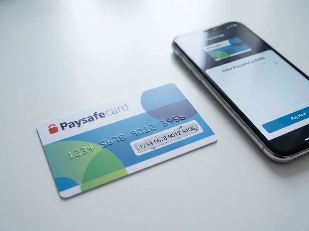 PaysafeCard mit blau-grünem Design auf weißem Schreibtisch, teilweise freigerubbelter PIN-Bereich, Smartphone daneben