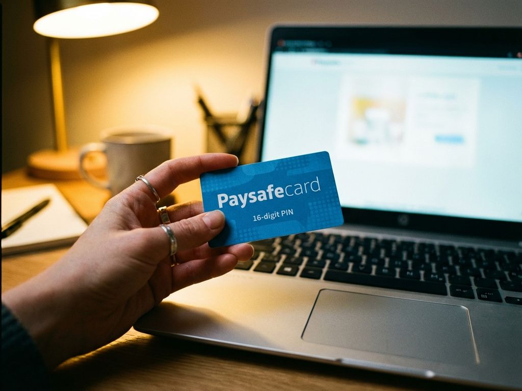 Hand hält blauen PaysafeCard Prepaid-Gutschein über Laptop-Tastatur in modernem Arbeitsplatz mit warmer Beleuchtung