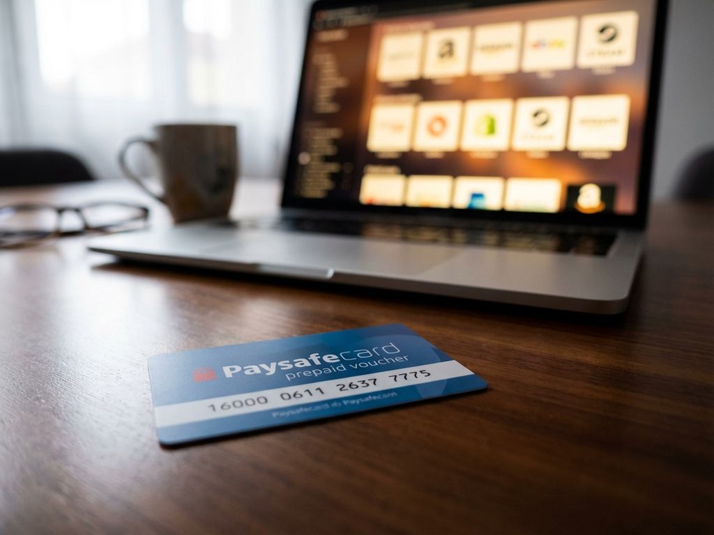 PaysafeCard Prepaid-Gutschein auf modernem Holzschreibtisch mit Laptop im Hintergrund für Online-Shopping