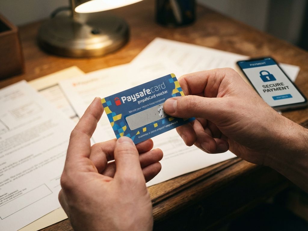 Person hält blaue PaysafeCard Prepaid-Gutschein und prüft PIN-Bereich, Smartphone mit sicherer Zahlungsschnittstelle auf Holztisch