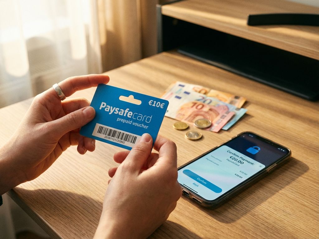 Person hält blaue PaysafeCard Prepaid-Karte am Holzschreibtisch mit Smartphone, Euro-Geldscheinen und Münzen