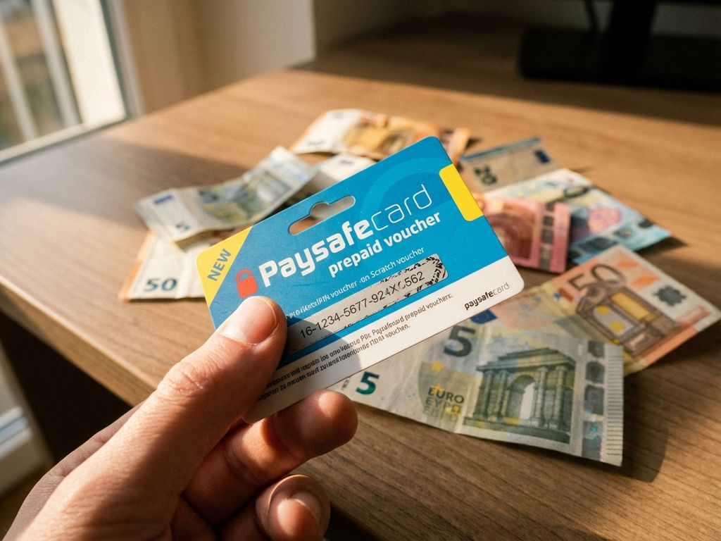 Hand hält blaue Paysafecard Prepaid-Karte über Euro-Geldscheinen auf Holztisch