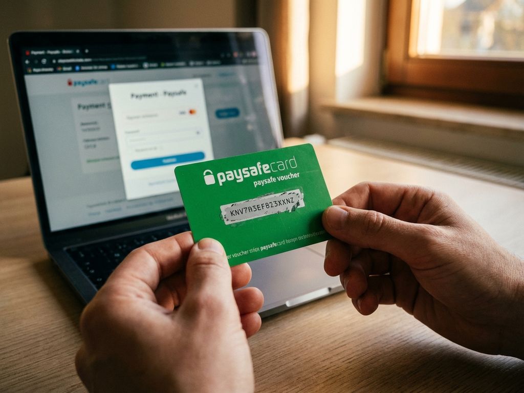 Hände halten grüne PaysafeCard mit teilweise freigerubbeltem Silberpanel vor Laptop mit Zahlungsschnittstelle