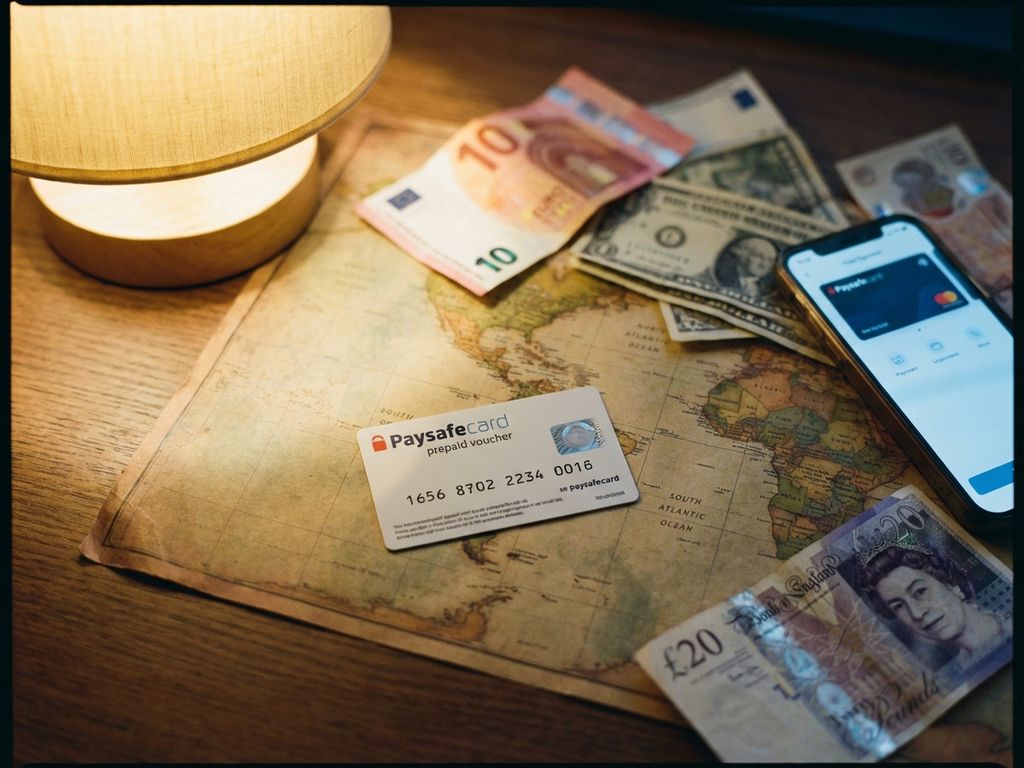PaysafeCard Prepaid-Gutschein auf Weltkarte mit internationalen Banknoten und Smartphone auf Holzschreibtisch