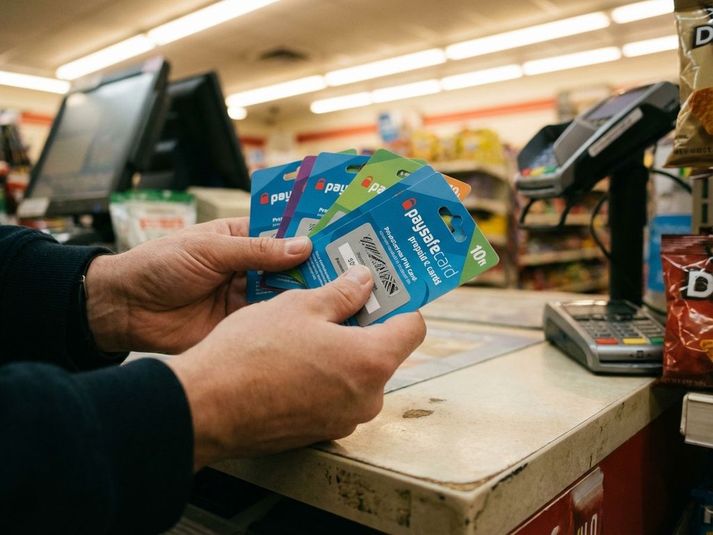 Hände halten mehrere bunte Paysafecard Prepaid-Karten fächerförmig auf Ladentheke mit Rubbelflächen sichtbar