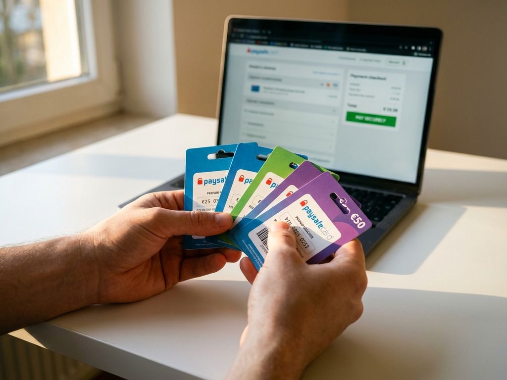 Hände arrangieren bunte Paysafecard Prepaid-Karten fächerförmig auf weißem Schreibtisch mit Laptop im Hintergrund