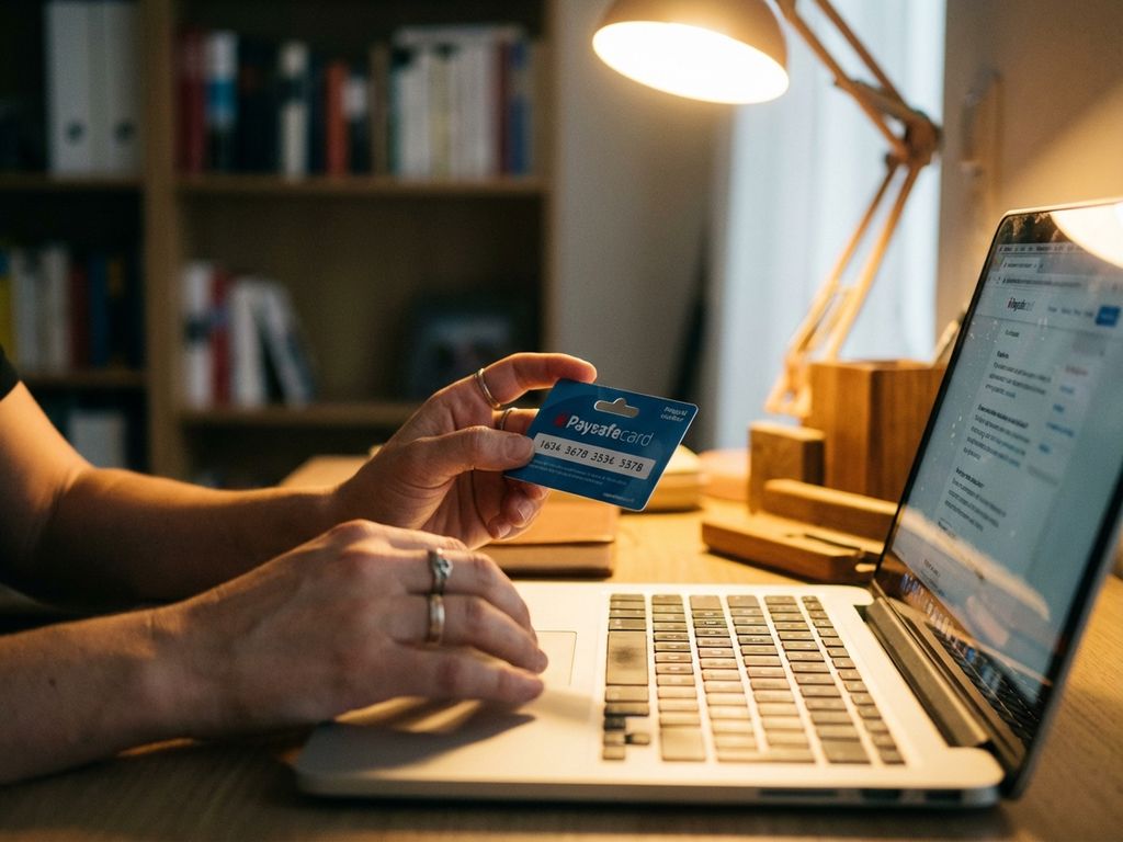Person hält blaue PaysafeCard über Laptop-Tastatur in gemütlichem Homeoffice mit warmer Beleuchtung
