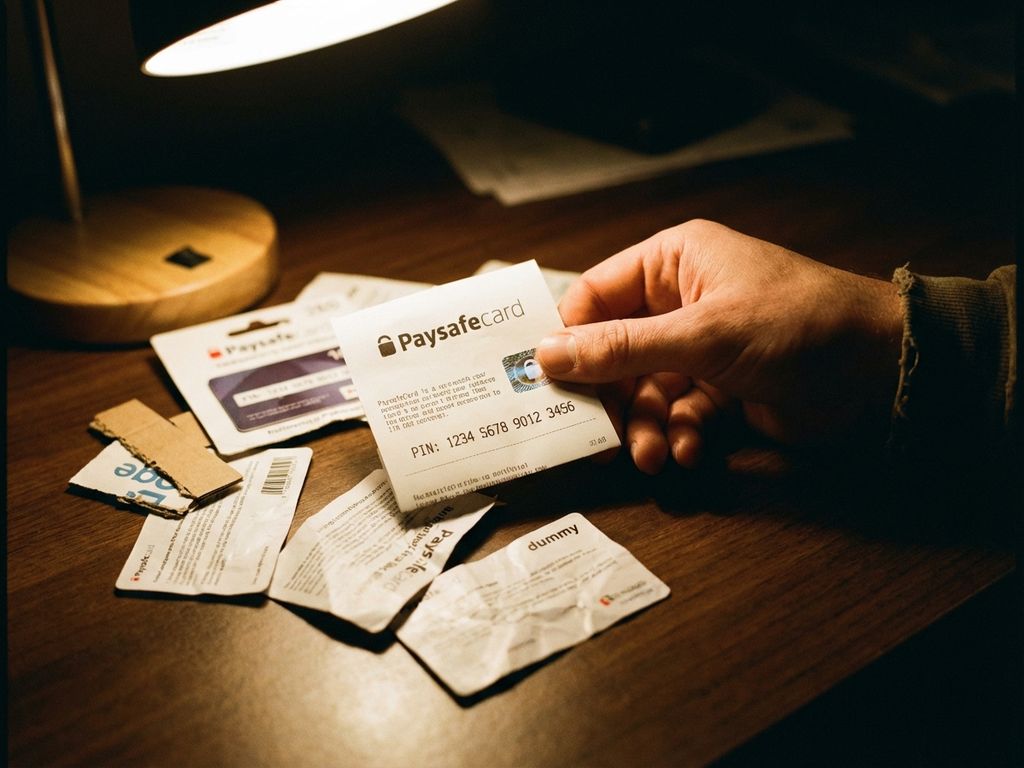 Hand hält echte PaysafeCard schützend, während gefälschte Karten zerrissen auf dunklem Holztisch liegen