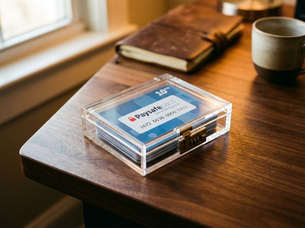 PaysafeCard in transparenter Schutzbox mit Zahlenschloss auf Holztisch, warme Beleuchtung zeigt sichere Aufbewahrung