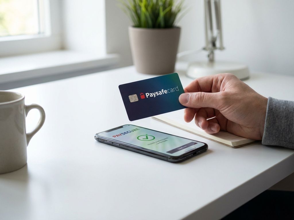 Hand hält PaysafeCard über Smartphone mit Zahlungsschnittstelle auf weißem Schreibtisch bei natürlichem Licht