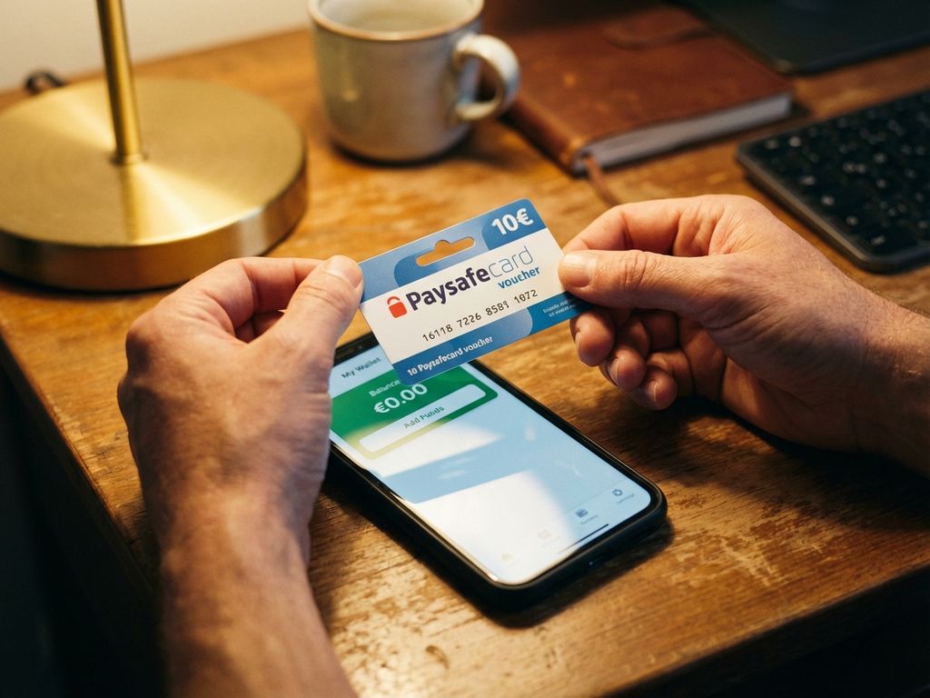 Person hält blaue PaysafeCard über Smartphone mit digitaler Geldbörse, warmes Licht beleuchtet Holzschreibtisch