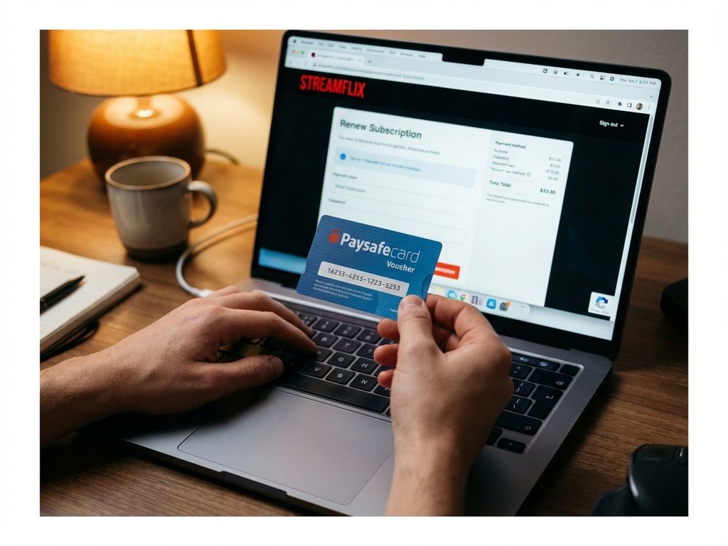 Hände halten blauen PaysafeCard-Gutschein über Laptop-Tastatur zur Online-Zahlung eines Abonnement-Dienstes