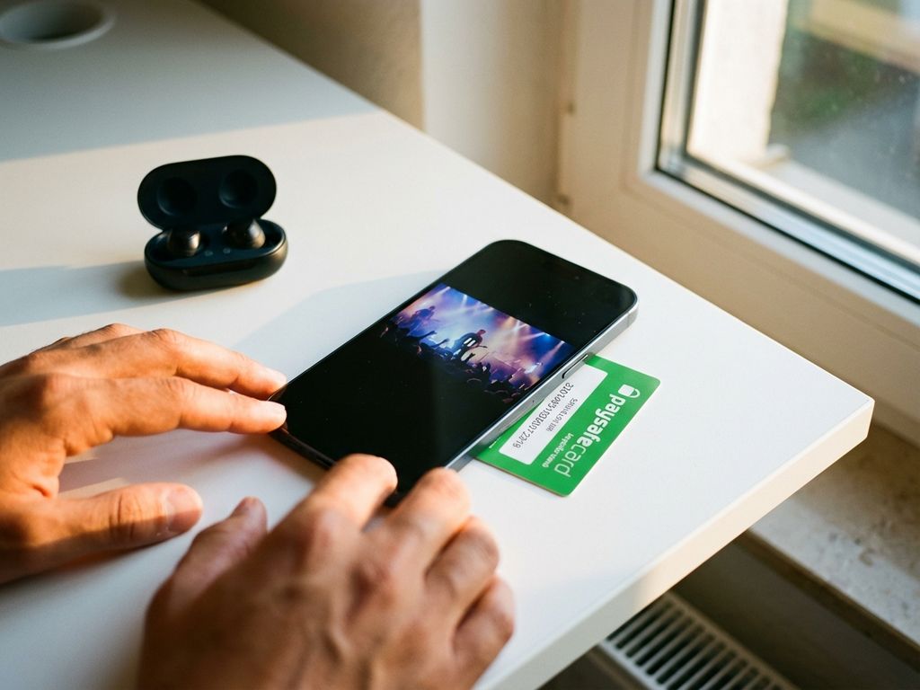 Smartphone mit Streaming-Video auf grüner Paysafecard, drahtlose Kopfhörer daneben auf weißem Schreibtisch