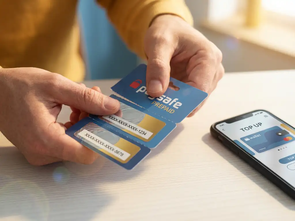 Hände reißen Paysafe-Prepaidkarte entlang Perforation auf weißem Schreibtisch neben Smartphone mit Zahlungs-App