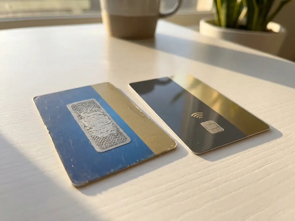 Zwei Prepaid-Zahlungskarten nebeneinander auf weißem Schreibtisch, eine mit Rubbelfeld, eine moderne Karte, warmes Tageslicht