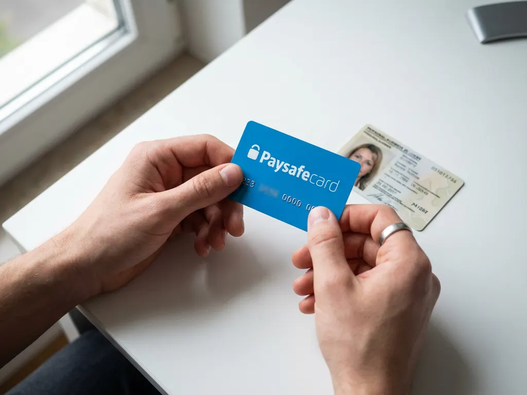 Hände halten blaue PaysafeCard neben deutschem Personalausweis auf weißem Schreibtisch bei natürlichem Tageslicht