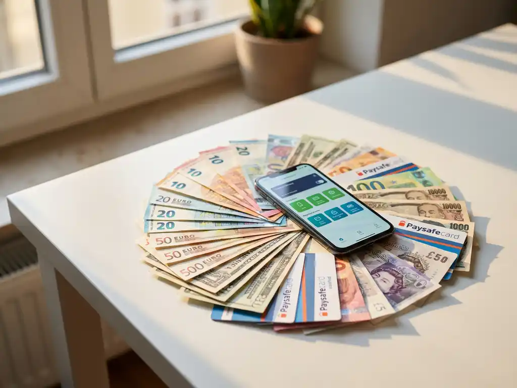 Internationale Banknoten und bunte PaysafeCard-Gutscheine auf weißem Schreibtisch mit Smartphone und Mobile-Payment-App