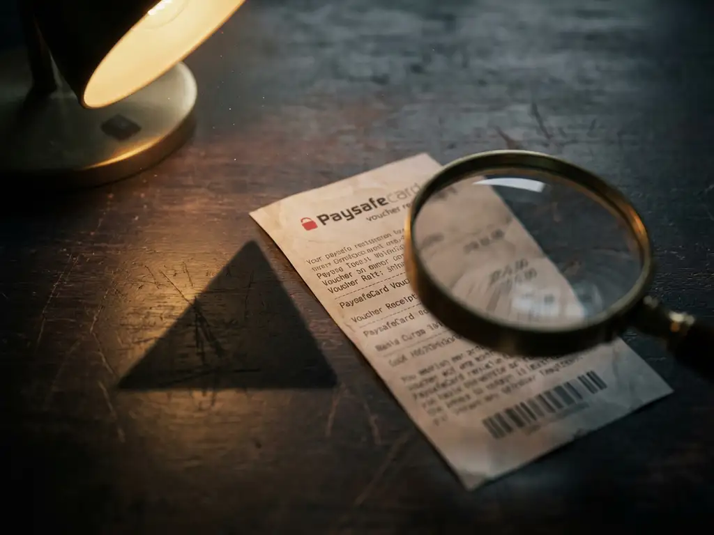 PaysafeCard-Gutschein auf dunklem Holztisch mit rotem Warnsymbol und Lupe über verdächtigen Transaktionsdetails