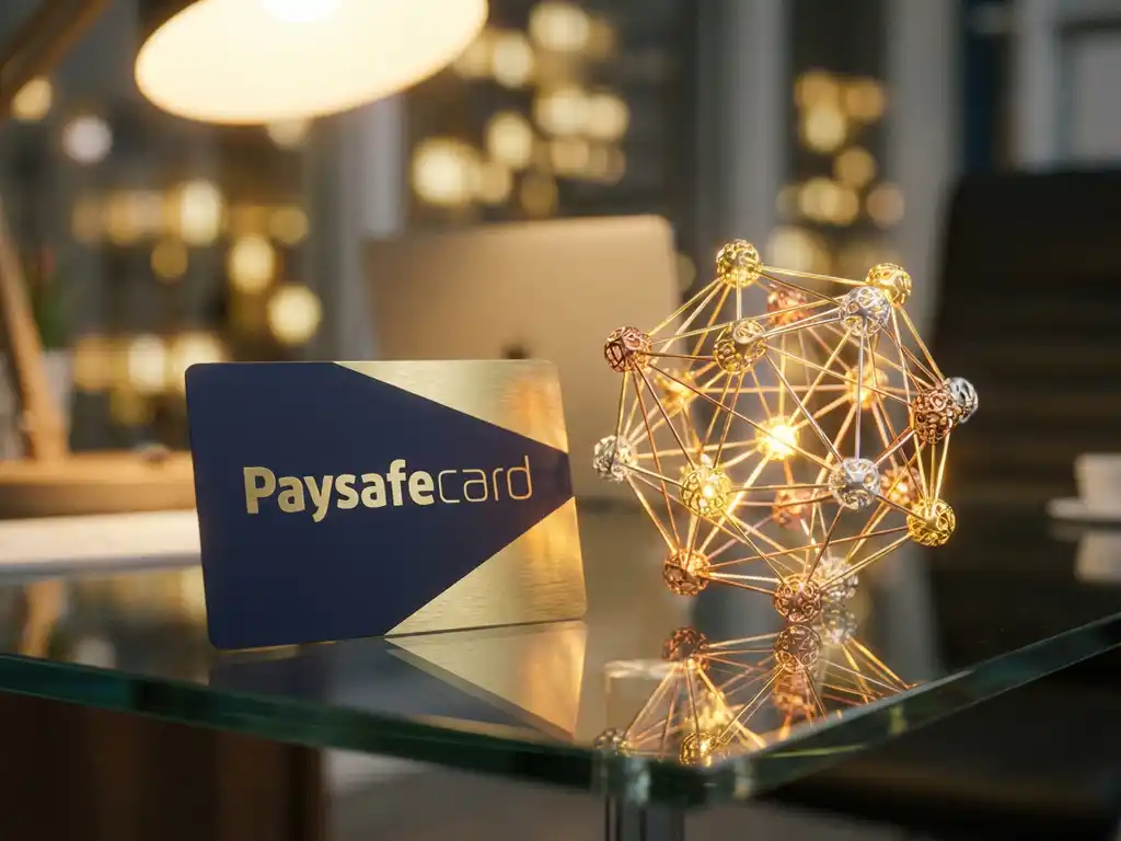 PaysafeCard-Gutschein auf Glasschreibtisch neben Blockchain-Netzwerk-Visualisierung mit metallischen Knoten in warmem Goldlicht