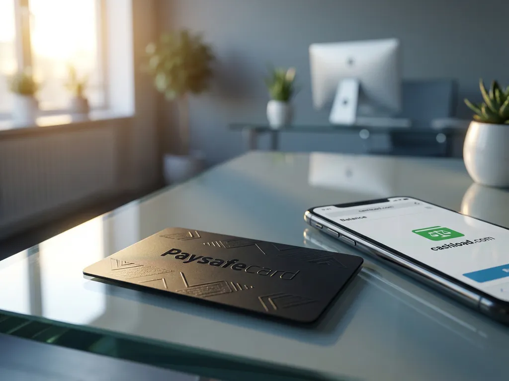 Schwarze PaysafeCard auf Glasschreibtisch neben Smartphone mit cashload.com Interface in minimalistischem Büro