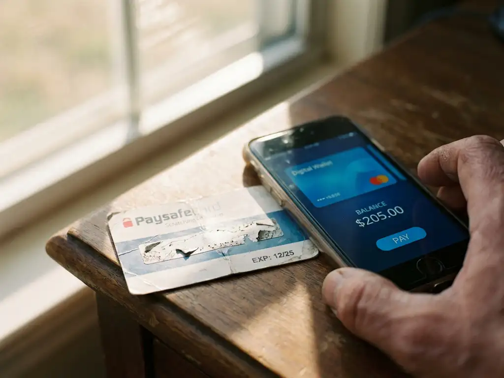 Verwitterte PaysafeCard mit abgekratzter Silberbeschichtung neben Smartphone mit digitaler Geldbörse auf weißem Schreibtisch