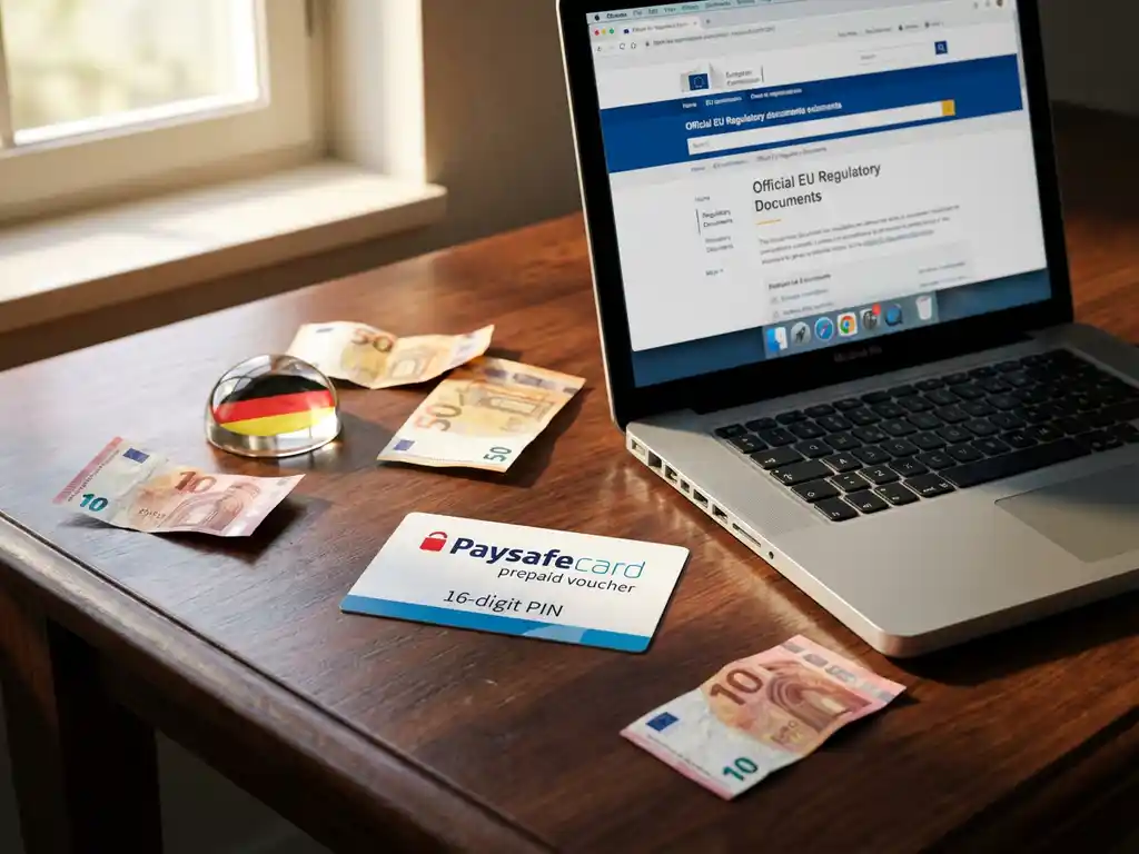 PaysafeCard Prepaid-Gutschein auf Holzschreibtisch neben Laptop mit EU-Dokumenten, umgeben von Euro-Banknoten und deutscher Flagge