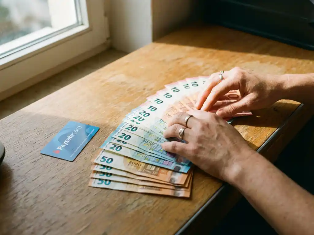 Hände zählen Euro-Banknoten auf Holztisch neben PaysafeCard bei natürlichem Licht