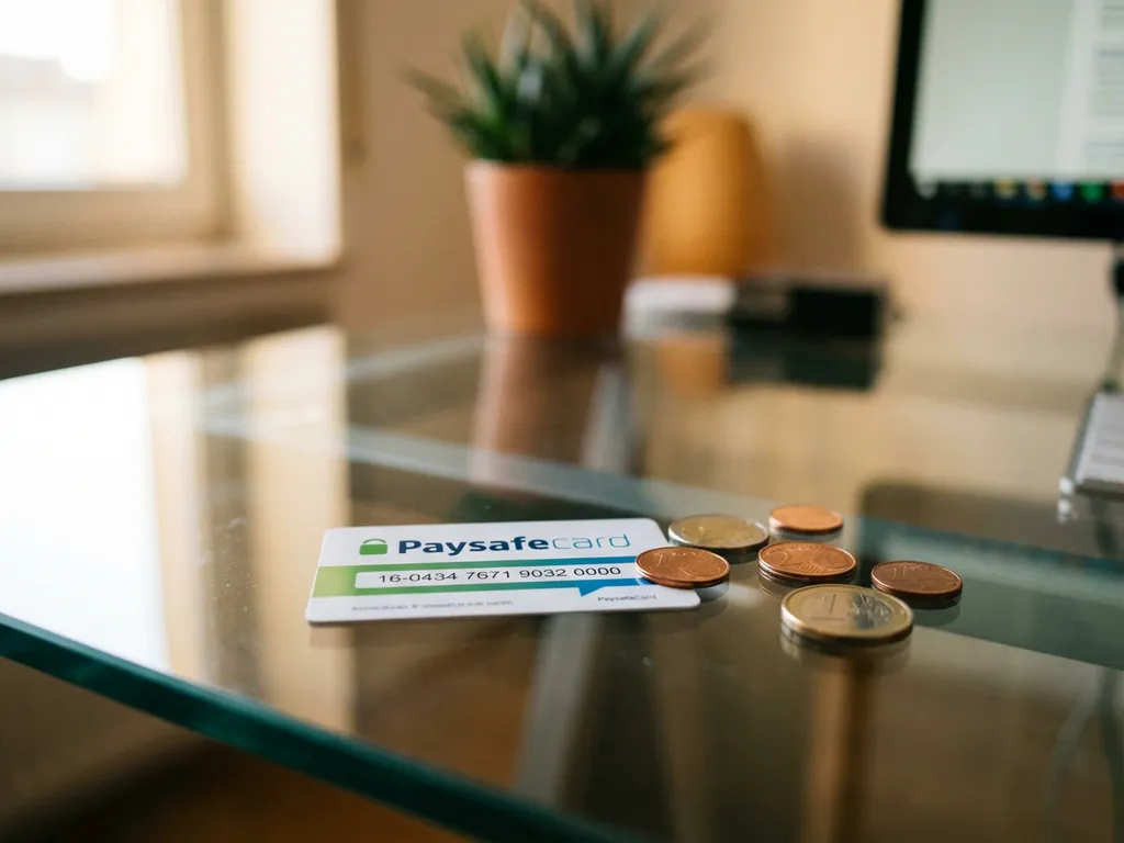 PaysafeCard mit grün-blauem Branding liegt auf Glasschreibtisch neben verstreuten Euro-Münzen bei natürlichem Licht