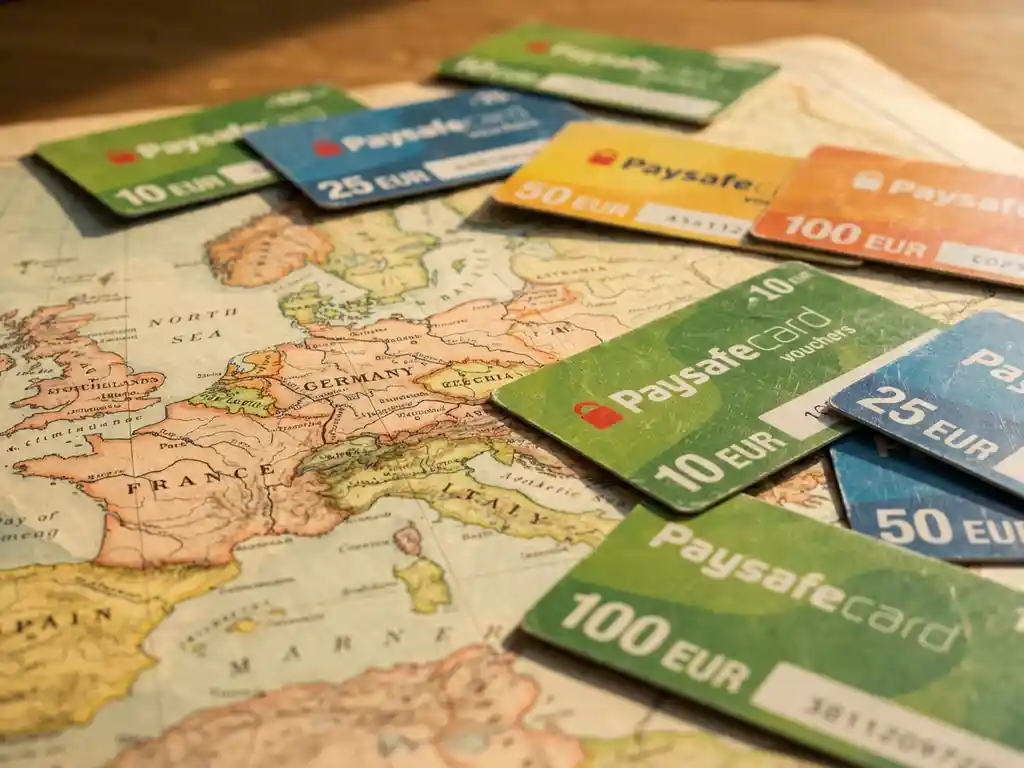 Bunte PaysafeCard-Gutscheine verschiedener Nennwerte liegen verstreut auf einer detaillierten Europakarte über Deutschland, Frankreich, Italien und Spanien
