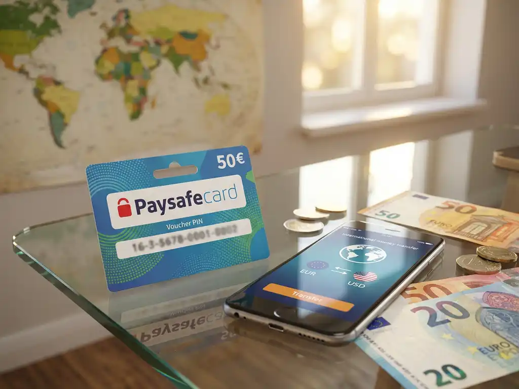 PaysafeCard-Gutschein mit blau-grünem Design auf Glasschreibtisch neben Smartphone mit Geldtransfer-App und Euro-Scheinen